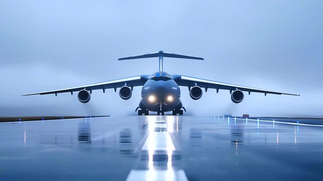 Military cargo plane Antonov An 124 Ruslan taxiing across wet runway, surrounded by overcast sky during daytime ground operations