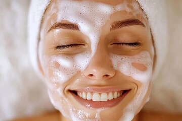 Fototapeta premium Smiling woman with closed eyes and facial cleanser foam on her face and a towel wrapped on her head
