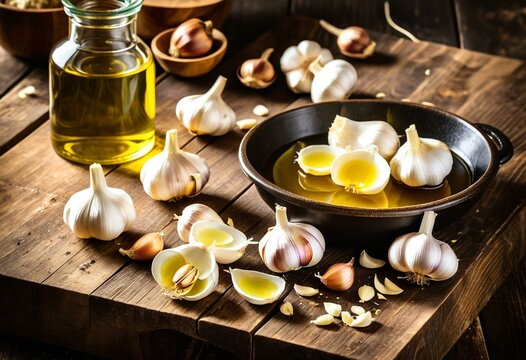 A bowl of garlic and oil on a wooden table.