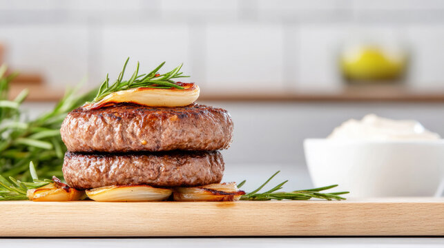 Gourmet grilled beefcake with crispy onions and bone marrow garnish for culinary delights