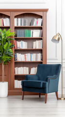 Fototapeta premium Elegant library interior with chestnut bookshelves and moody lighting featuring armchair