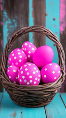 Vintage easter eggs display in rustic antique wicker basket for festive decoration