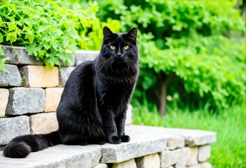 A black cat sitting on a stone wall.