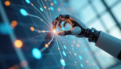 Robotic hand touching digital network grid. Artificial intelligence connects information, innovation. Tech industry concept. AI future. Modern digital system design. Smart tech, sustainable energy