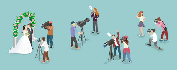 3D Isometric Flat Vector Illustration of Photo And Video Shooting, Paparazzi, Journalism Events