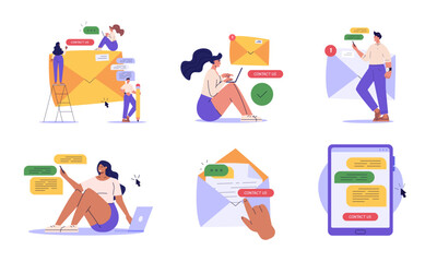 People using mobile phone and writing mail. Contact us collection. Concept set of online support, customer support, email marketing. Vector illustration set for UI, web banner, mobile app