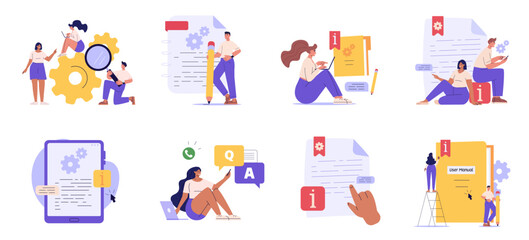 People read user manual book. Users reading and writing guide instruction with question mark. Collection of customer guide, useful information, FAQ. Vector illustration set for UI, web banner