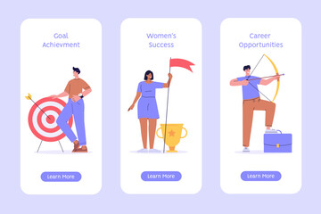 Best employee with winner cup. Set of career success, target, achieving goals. Reward program and receiving rewards. People earn reward loyalty, bonus, business award. Vector flat design