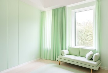 A bedroom with a white bed and green curtains.