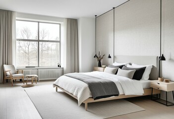 A bedroom with a large bed and a chair.