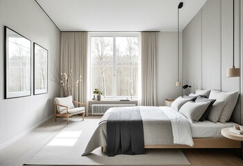 A bedroom with a large bed and a chair.