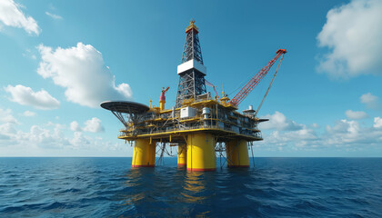 Offshore oil drilling platform at sea under sky with clouds. Industrial oil rig construction with crane, pipelines. Energy industry, oil well, crude oil exploration. Heavy industry, global business,