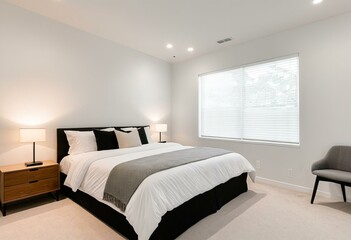 A bedroom with a bed, nightstands and a window.
