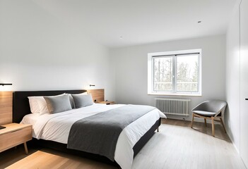 A bedroom with a bed, desk and window.