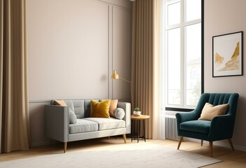 A bedroom with a bed and a blue chair.