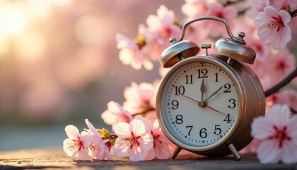 Vintage alarm clock with cherry blossoms. Springtime or summer season reminder, daylight saving time concept. Time change, clock face, minutes, hours to go. Romantic mood, floral decoration.