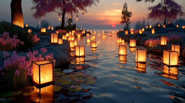 Enchanting Sunset with Floating Lanterns and Lilies on a Serene Waterway