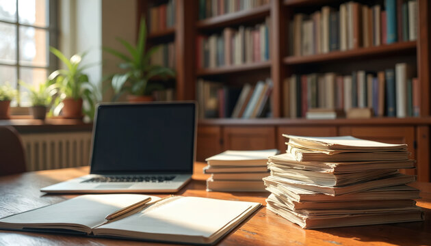 Study scene with laptop, open notebook, stack of research papers on desk. Bookshelf full journals. Research, education, knowledge, science, writing, studying, learning concepts in library, home