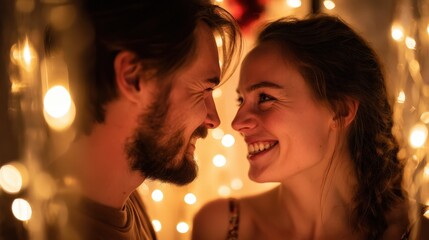 Young couple sharing a loving gaze amid twinkling fairy lights.