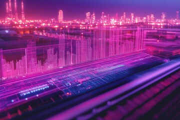 Night city skyline overlaid with digital data