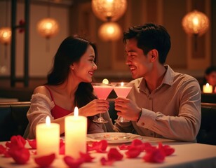 Romantic date in Asian restaurant. Couple enjoy cocktails by candlelight. Woman red dress, man shirt. Rose petals table, smiling faces. Beautiful interior with warm lights. Love, dating, relationship