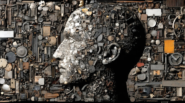 human head made of small objects various items scattered around it with surreal style