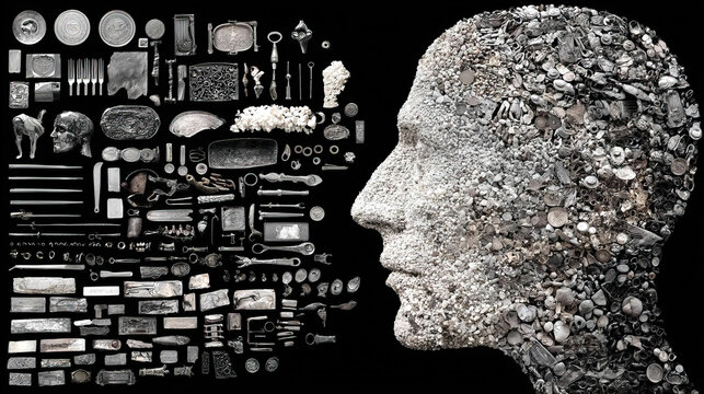 human head made of small objects various items scattered around it with surreal style