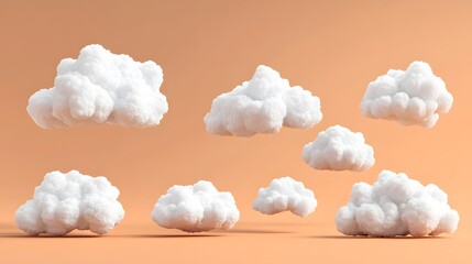 Fluffy White Clouds Orange Background Minimalist 3D Render