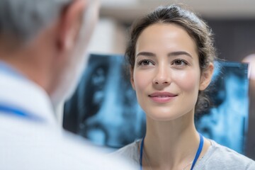 Obraz premium Smiling young woman consulting with doctor in hospital.