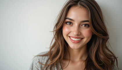 Smiling Young Woman with Brown Hair Portrait Against a Neutral Background