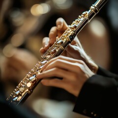 Close-up of hands playing gold flute; musician performing with band, orchestral concert or chamber performance