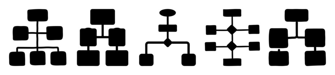 Collection of simple diagram shapes, illustrating various hierarchical structures, black on white