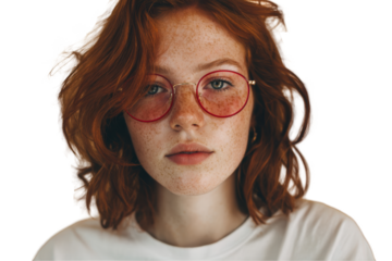 Portrait of a young woman with freckles and red hair wearing round glasses isolated on white