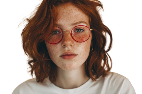 Portrait of a young woman with freckles and red hair wearing round glasses isolated on white