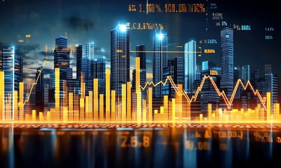 Futuristic city skyline with digital overlays and data analytics visualization - Powered by Adobe