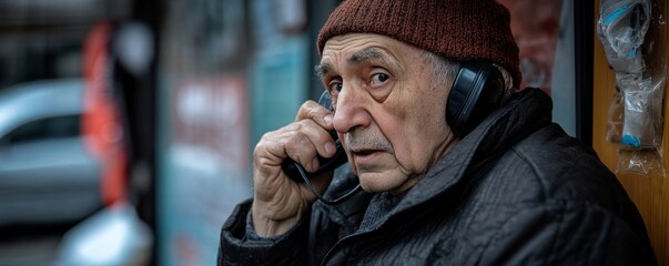 Older man in brown knit hat using a public telephone booth with a concerned expression on his face