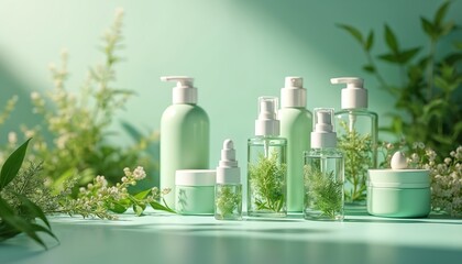 AI-generated natural organic skincare cosmetics, various bottles jars with green leaves. Eco friendly beauty products, lotion serum moisturizer in minimalist design. Wellness, skin health care