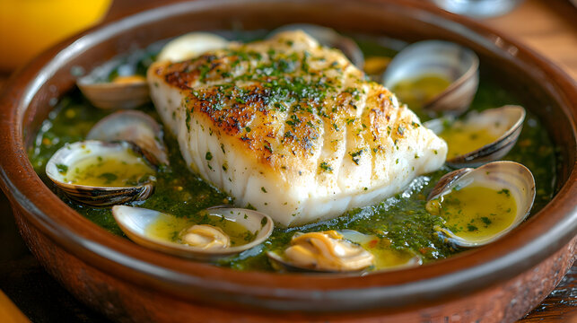 Merluza a la Vasca, Basque-style Hake hake with green sauce and clams, rustic Basque style table