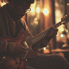 Obraz premium Black man playing electric hollow body guitar in warm light, showcasing musical talent and passion at dimly lit event.