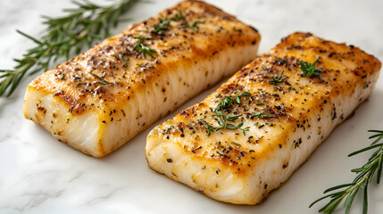 Merluza, Hake Fish cooked hake fillet with herbs, bright simple background