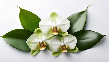 Obraz premium orchid flowers and green leaves on white background