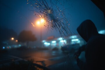 Hooded figure stands near broken glass at night, a scene of potential crime or vandalism.