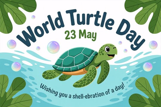 World Turtle Day. Happy turtle in the sea with bubbles.