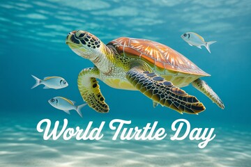 Sea turtle swims gracefully in the ocean with fish. World turtle day.