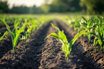 A field of young corn plants growing in rows with blurred background on a sunny day in the countryside