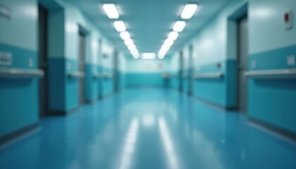 Blurred hospital corridor with blue and white walls. Empty hall with medical equipment in clinic. Healthcare abstract background. Concept of medicine, treatment, surgery. Emergency room for patients.