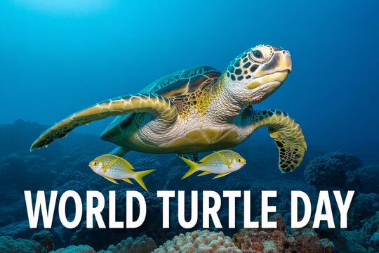 World turtle day. Majestic sea turtle glides through the clear blue ocean alongside two playful fish. - Powered by Adobe