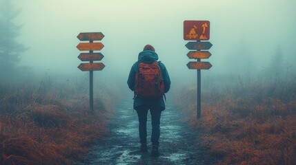 Hiker faces a choice in a foggy mountain path