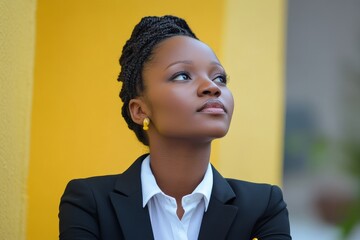 Portrait of a woman with braided hair wearing a black blazer looking upwards on a yellow background