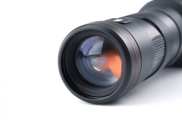 Close-up of a telephoto lens, showcasing its intricate details and professional-grade build.  The lens's optical elements are beautifully highlighted.
